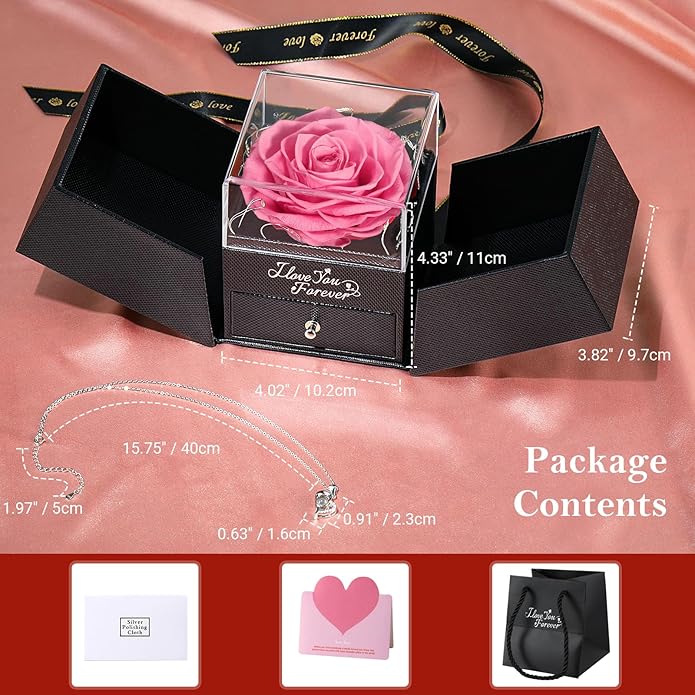 Emibele Preserved Rose Gifts for Women, Eternal Flower Rose Box with Heart Necklace, Romantic I Love You Gifts for Her Women Wife Mom Grandma on Valentines Mothers Day Birthday Anniversary