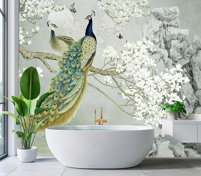 Eierme-Flower Pattern Peacock Illustration Wallpaper Mural Wallpaper Peel and Stick 160" x 114"