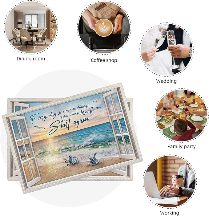 Beach Sea Turtle Placemats Set of 6 Coastal Ocean Table Mats Washable Place Mats for Home Party Indoor Kitchen Dining Table Decoration 12x18 Inch