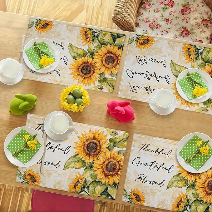 Farmhouse Sunflower Placemats Set of 6, Thankful Grateful Blessed Place Mats, Rustic Bee Dining Table Mats, Washable Placemats for Kitchen Dining Room Home Decor 18L'' × 12W''