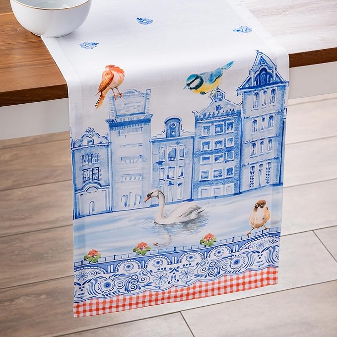 Maison d'Hermine Table Runner 100% Cotton Single Layer TableRunners 72 inches Long Decorative for Home Kitchen Dining Party Baby Shower Wedding Bridal Shower SpringSummer(Amsterdam Canals,14.50"x72")
