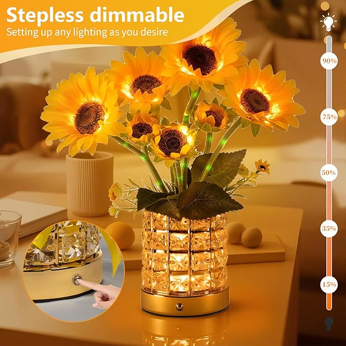 Sunflower LED Lamp,USB Rechargeable Touch Night Light, 3 Color Stepless Dimmable,Small Battery Flower Decor for Bedroom, Restaurant, Bar – Birthday, Mother’s Day,Wedding Gifts for Women,Mom