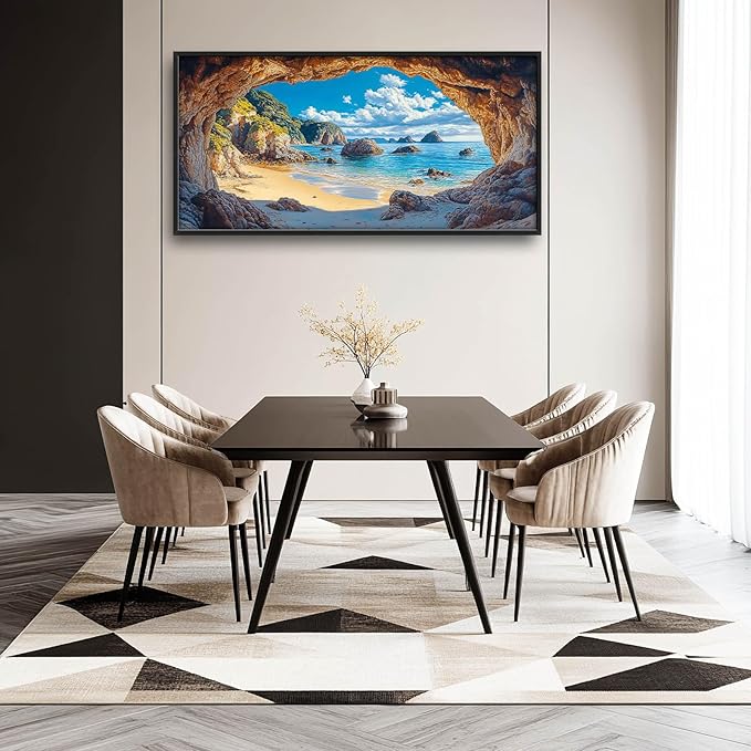 Beach Large Wall Art Rocky Cave Pictures Wall Decor Coastal Canvas Seascape Print Painting Modern Artwork Home Decoration for Living Room Bathroom Bedroom Office Framed 60"x30"