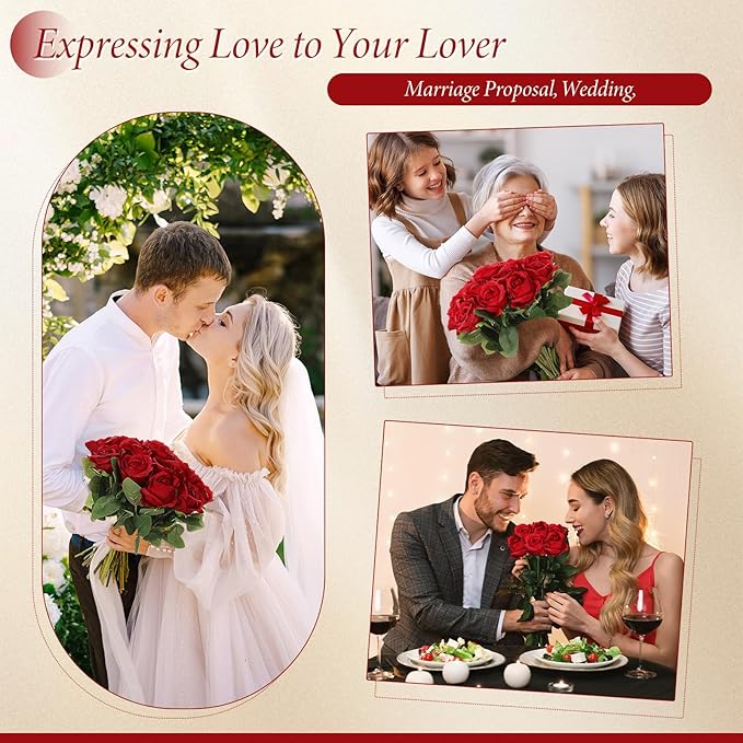 Hotop 40 Pcs Rose Artificial Flowers Bulk with Long Stem,Realistic Silk Fake Roses Bouquet for Home Wedding Centerpieces Party Table Decoration Valentines Gifts(Red)