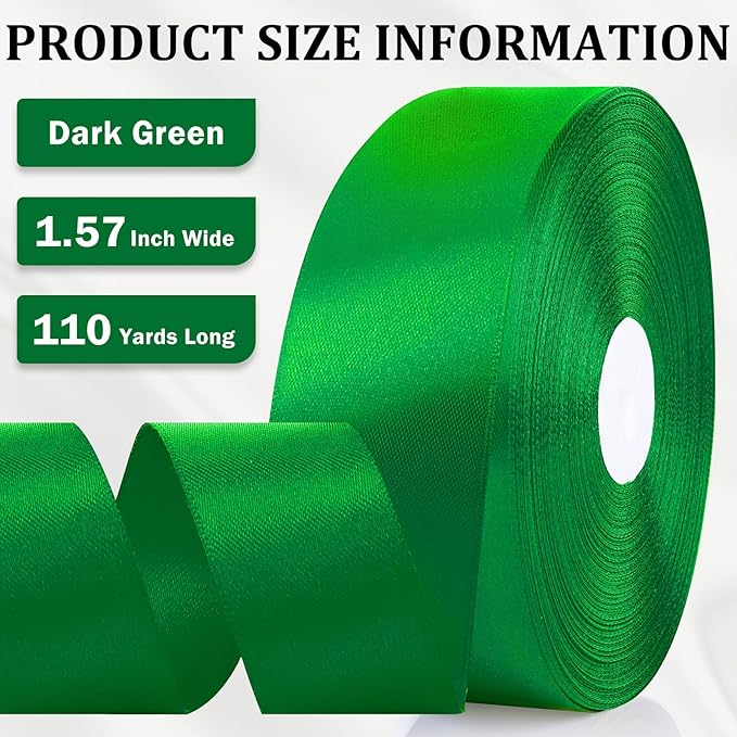 XSEINO 110 Yards Ribbon,1 1/2 Inch Dark Green Satin Ribbon for Flower Bouquet, Gift Wrapping, Ribbons for Crafts, Hair Bows Making, Wedding Party Decoration, Sewing, Invitation Cards, Christmas