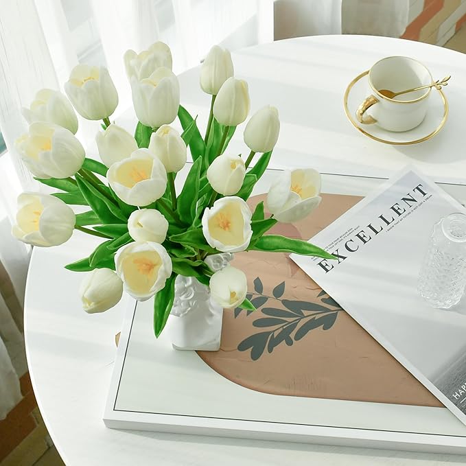Mandy's Artificial Tulips 12 Stems White PU Faux Flowers for Thanksgiving and Christmas Decorations Wedding Home Decor 13.5 Inch