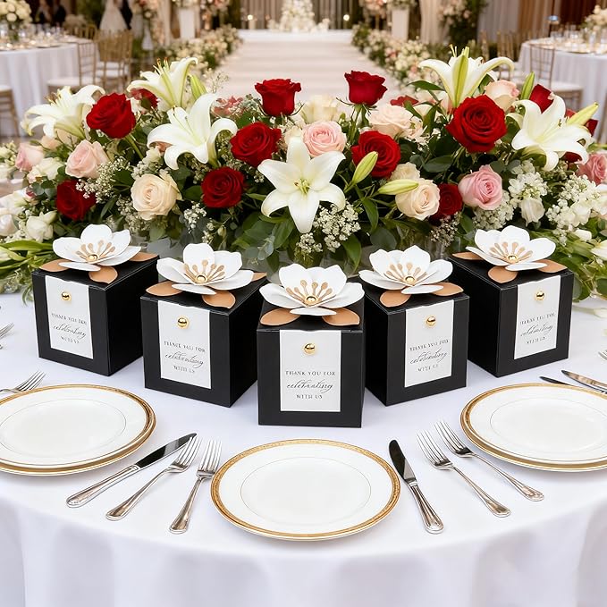 FEIYI 20 PCS Candy Boxes, 3 In 1 Black Favor Boxes with Floral Decor, White Thank You Tags Gift wrapping for Wedding Birthday Baby Shower Decorations Party -2.55x2.55x2.55''