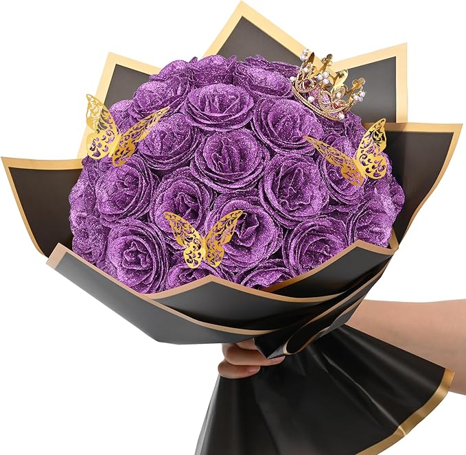 Waipfaru Glitter Roses Bouquet, DIY Lilac Fake Flowers Bouquet, Birthday Gifts for Women Mom, 36 Pcs Rose for Grandma Wife Girlfriend Valentines, Mothers Day, Anniversary, Graduation