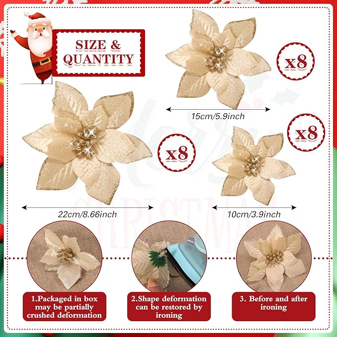 WILLBOND 24 Pcs 3 Size Poinsettia Flower Artificial Christmas Decor Glitter Poinsettia Christmas Ornaments Faux Flowers for Xmas Tree Outdoor(4/6/7.9 Inches,Champagne)