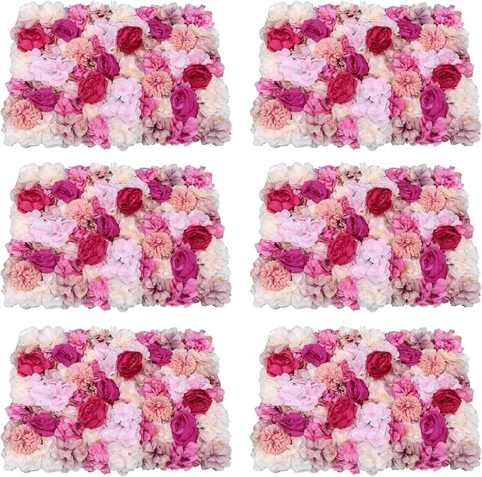 6 Pcs Flower Wall Panels, 23.6"x15.7" Artificial Flower Wall Backdrop Fuchsia Floral Panel with 3D Rose, Dahlia, Peony, Chrysanthemum for Wedding Party Nursery Home Decor