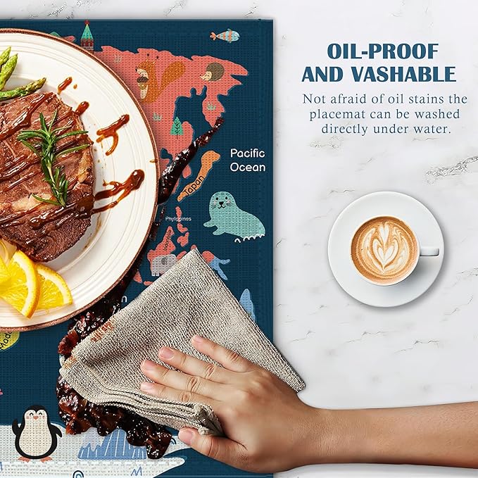 Map of The World Placemats Set of 4, Cute Animals Place Mats Non-Slip Heat Resistant Washable Placemat for Party Kitchen Dining Table Decoration Indoor Outdoor 12x18 Inch