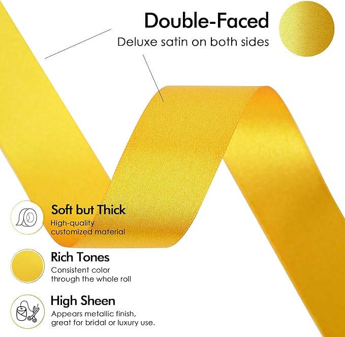 MEEDEE Yellow 1 Inch Ribbon Yellow Satin Ribbon Lux Double Faced Ribbons by 50 Yards Polyester Wrapping Ribbons for Crafts, Wedding, Flower Bouquet, Holiday Decorating
