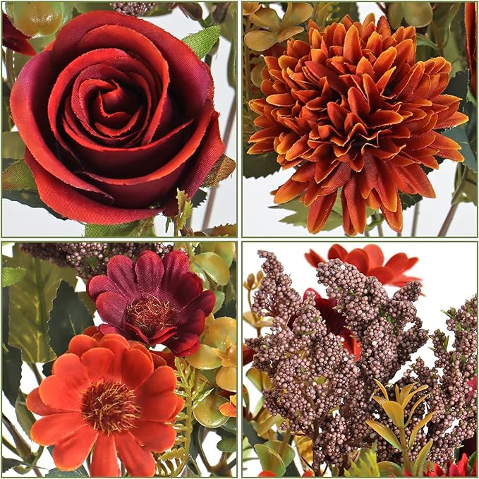 Dremisland Artificial Fall Flowers Like Real Artificial Bouquet 4 Packs Silk Artificial Roses Bouquet with Daisy Chrysanthemum Orange Red Fall Flowers for Centerpiece Table Autumn Halloween Decor