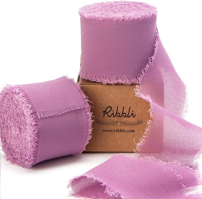 Ribbli Rosy Mauve Chiffon Ribbon 1-1/2 inch x 20 Yard Handmade Fringe Silk Ribbon, Dark Mauve for Wedding Invitations, Bridal Bouquets Wrapping, Flower Arrangement Decoration