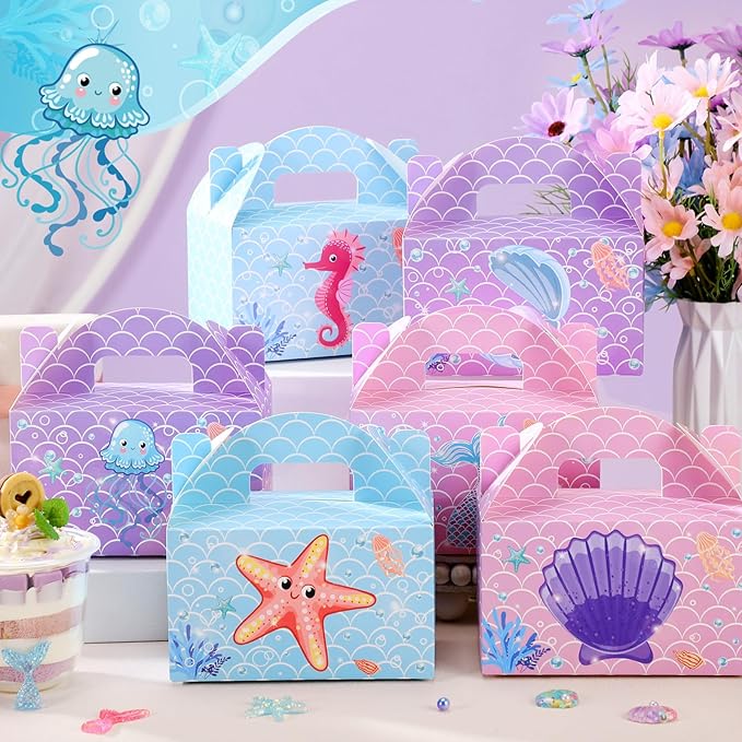 24 Pcs Mermaid Party Favors Treat Boxes Shell Pearl Mermaid Goodie Bags Candy Gift Bags Ocean Gable Box with Handles for Girls Under The Sea Birthday Party Supplies