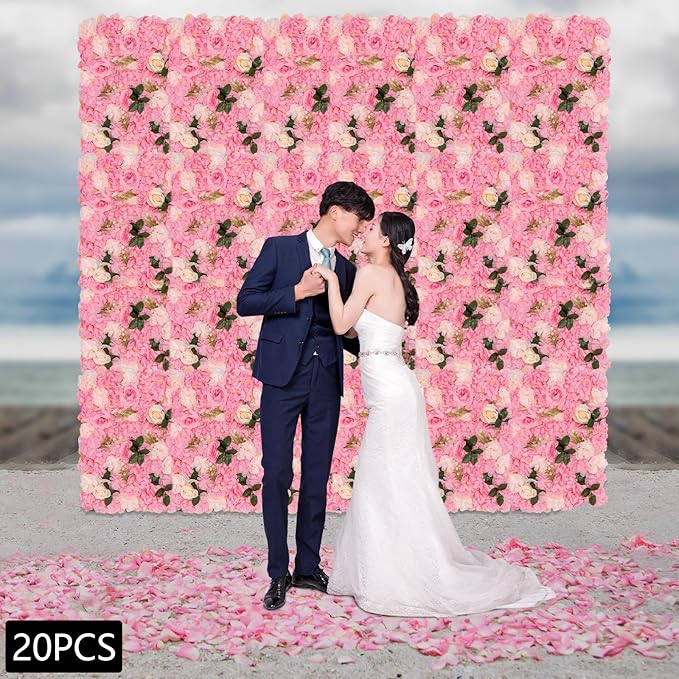 20 PCS Artificial Flower Wall Panel,Each Panel 24" x 16"3D Silk Rose Hydrangea Floral Backdrop,Handmade Eco-Friendly Flower Wall Photo Backdrop Decor (type2)