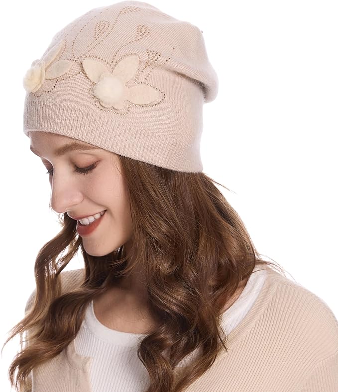 ZLYC Women Floral Slouchy Beanie Hat Double Layer Winter Knit Skull Cap