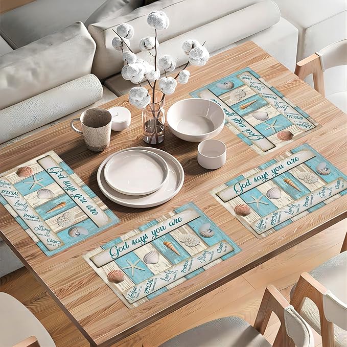 Coastal Seashell Placemats Set of 6 Ocean Nautical Table Mats Washable Place Mats for Home Party Indoor Kitchen Dining Table Decoration 12x18 Inch