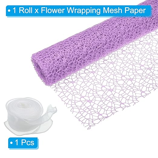 PATIKIL Flower Wrapping Mesh Paper, 15ft Floral Bouquet Craft Packaging Hollow Net Yarn with Ribbon for Flowers Gift Packaging, Purple