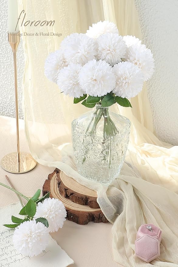 Floroom 12pcs Cream Faux Silk Mums Artificial Flowers Bulk Fake Chrysanthemums with Stems for DIY Wedding Table Centerpieces Floral Arrangements Vase Fillers Home Decorations