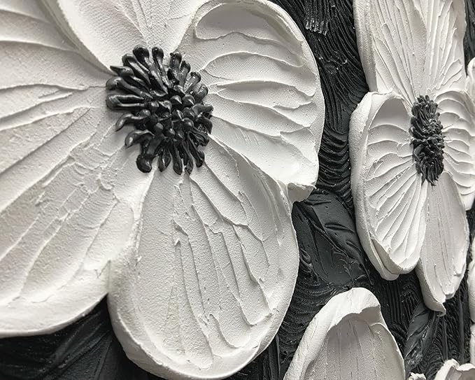 moshinart 24 x 36in Hand-Painted Oil Painting 3D Texture Black White Grey Modern Minimalist Black Abstract Wall Art, Home Office Wall Decoration Petal