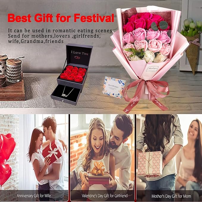 EIGHTOWN Roses Bouquet Artificial Flower - Preserved Red Flowers with Love Necklace for Her - Unique Gifts Valentine's Day, Mother's Day, Thanksgiving, Birthday, Anniversary… (Hotpink)