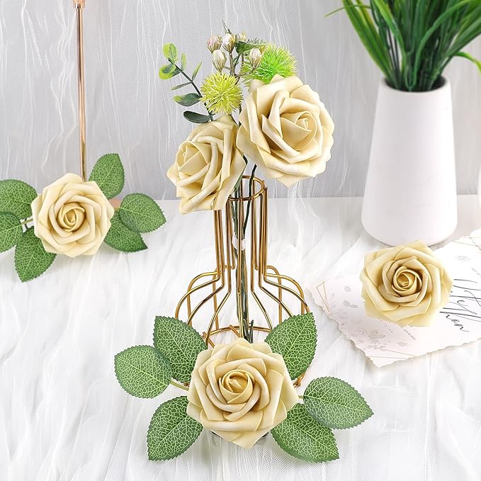 AmyHomie 25pcs Real Looking Artificial Beige Roses w/Stem for DIY Wedding Bouquets Centerpieces Arrangements Party Baby Shower Valentines Day Christmas Tree Decorations