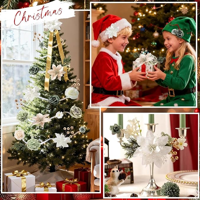 Christmas Artificial Flowers Set with White Poinsettia, Fake Roses and Greenery for DIY Christmas Decor - Wreath, Tree Ornaments, Wedding Bouquets, Centerpieces, Home Floral Arrangemen
