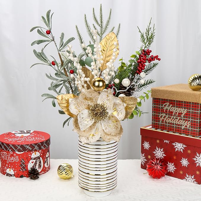 Briful 2PCS Christmas Glitter Magnolia Flowers Picks and Spray with Christmas Balls Ornament Berries Gold Leaves Branches for Xmas Tree Wreath Vase Centerpiece Floral Arrangement (White Gold)