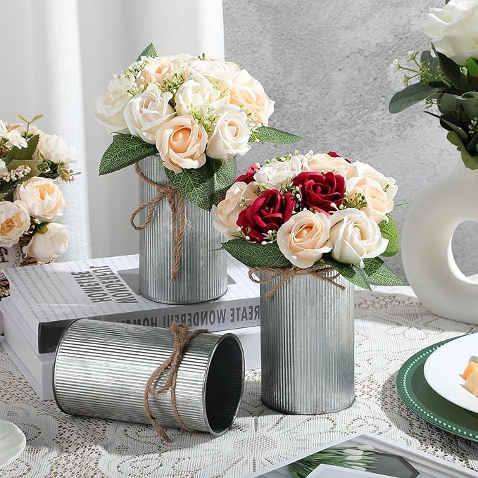 Domensi 5.91 in High Farmhouse Vase Decor Galvanized Metal Flower Vase with Twine Bow Vintage Rustic Tin Flower Buckets for Artificial Floral Table Container DIY(Iron Color,8 Pcs)