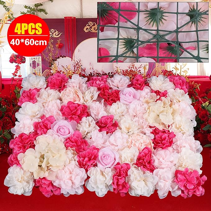 16"x 24" Artificial Flower Wall Panels,Flower Wall Mat Silk Flower Panels for Outdoor Garden Backyard Fence Fence Privacy Screen and Indoor Wall Decor (4Pcs Rose Red+ Pink+ Light Yellow)