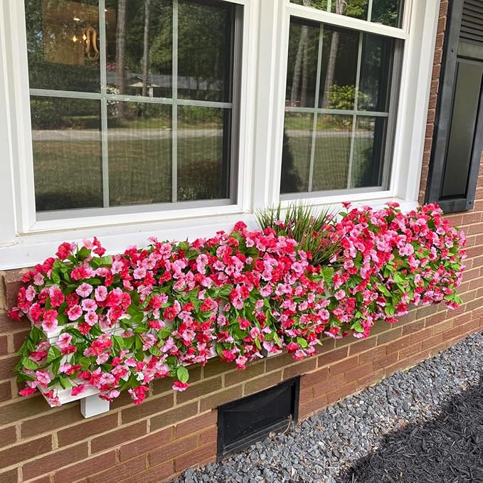 Artificial Fake Hanging Flowers Plants for Outdoor Decoration, 2PCS Faux Silk Morning Glory Long Vines Stems UV Resistant Look Real for Spring Summer Outside Home Porch Patio(Rose Red)