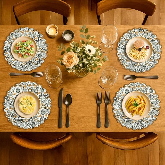 Ridhi Goldenrod Yellow Spring Place Mat Double Layer Floral Cotton Washable Placemats 15" Round Embroidery Block Print Table Mat (Pack of 4-15 Inch Round)