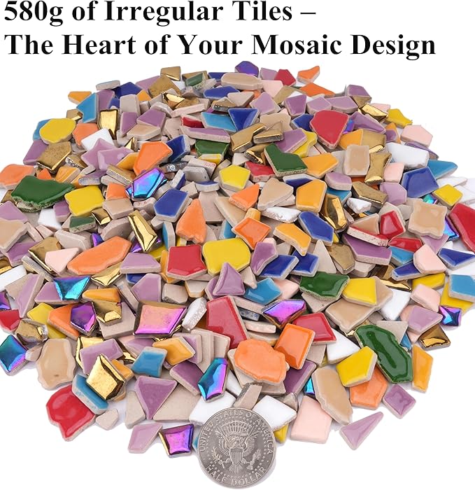1.5 lb Ceramic Tiles for Mosaics – 580g Small Irregular Tiles + 100g Flower Mosaic Pieces, Mixed Sizes, Shapes & Vibrant Colors for DIY Crafts & Home Decor