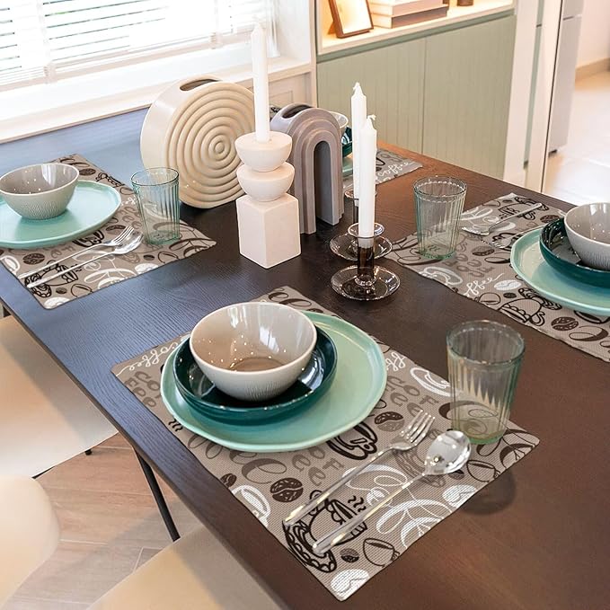 Coffee Theme Linen Placemats Set of 4 Vintage Brown Coffee Cup Table Mats Heat Resistant Place Mats for Home Party Kitchen Dining Decoration 12x18 Inch