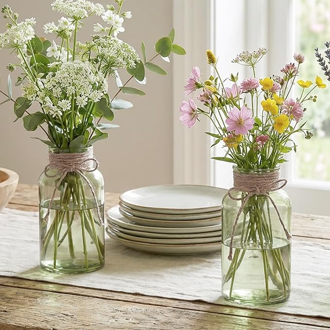 Vintage Glass Flower Vase，12 Pack Green Farmhouse Glass Centerpiece Vases Mason Jars for Weddings, Parties & Home Decor Bulk (12, Green)