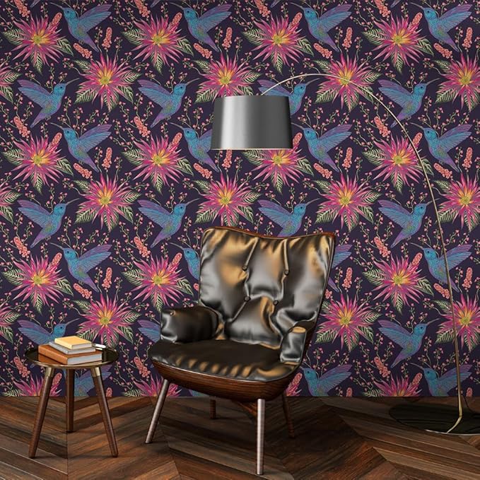 Abstract Black Pink Hummingbird Floral Peel and Stick Wallpaper Easy Peel Off Contact Paper Stick on Adhesive Wall Paper for Bathroom Waterproof Renter Friendly