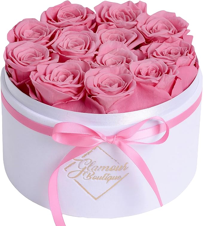 GLAMOUR BOUTIQUE Flower Forever Gift Box 12 Real Preserved Roses in Round Velvet White Box, Handmade, Rose Petals, Birthday, Marriage, Anniversary, Graduation - Pink