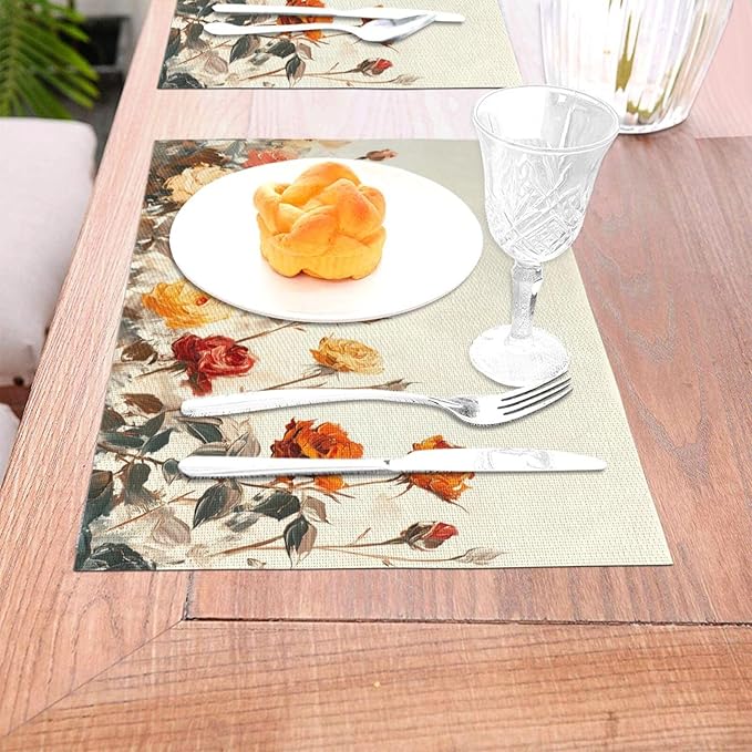 Placemats Set of 4 PVC Woven Place Mats Heat Resistant Easy to Clean for Indoor Outdoor Party Kitchen Dining Table Decoration 12"x18",Vintage Rose Pattern