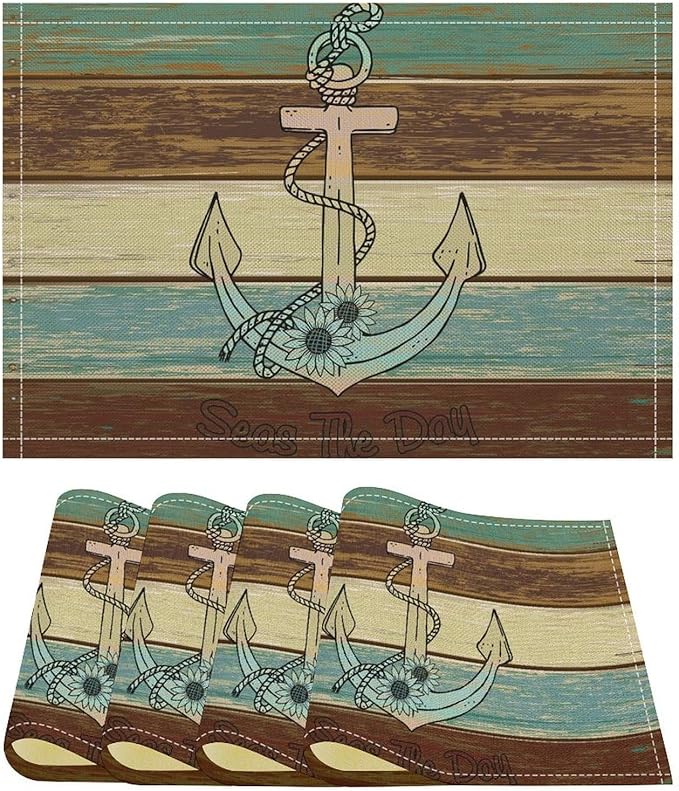 Nautical Theme Placemats Rustic Retro Wooden Board Anchor Art Printed Dining Table Mats Set of 4 for Restaurant Home Kitchen Holiday Picnic Party Decor 12x18in
