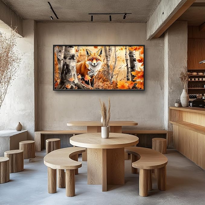 Large Fall Fox Wall Art for Living Room, Framed Oversized Autumn Forest Wall Decor Tree Maple Leaves Canvas Painting Modern Artwork for Living Room Bathroom Bedroom Office Dining Room 60"x30"