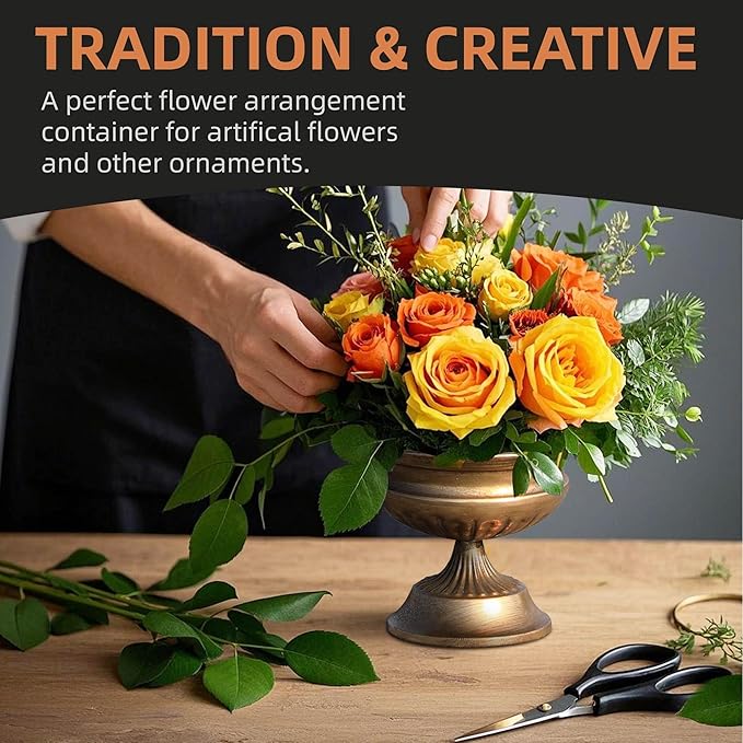 WORTH Gold Color Urn Vases for Centerpieces Set of 2 (Large: 8.8" H x 7.8" Dia. & Small: 6.1" H x 7.8" Dia.) - Classic Metal Trumpet Flower Pots for Table, Bowl Vase for Wedding Party Event Home Decor