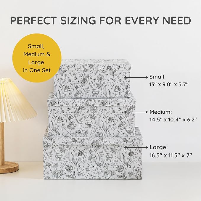 Soul & Lane Decorative Cardboard Storage Boxes For Home Décor - Modern Meadow - Set of 3: Floral Paperboard Nesting Storage With Lids, Memory Boxes For Keepsakes And Photos, Gift Set For Presents