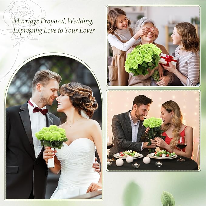 Hotop 20 Pcs Artificial Rose Flowers with Long Stem,Real Touch Silk Realistic Plastic Bouquet Roses Bulk for Home Decor Bridal Wedding Party Table Centerpieces Decorations(Green)
