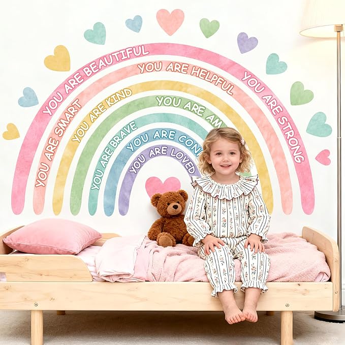 Large Rainbow Wall Stickers Kids Inspirational Wall Decal for Girl Bedroom Peel and Stick Watercolor Rainbow Wall Decals Pastel Pink You are Decor Vinyl Positive Art Murals for Baby Bedroom Playroom