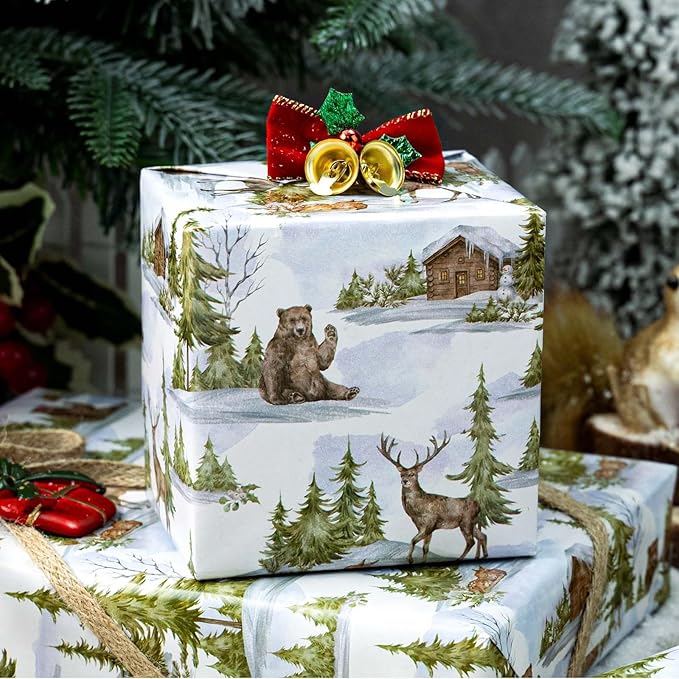 MAYPLUSS Christmas Wrapping Paper Roll - 17 In x 33 Feet - Cute Watercolor Christmas Tree Deer Bear Log Cabin Gift Wrap Paper for New Year, Holiday, Kids