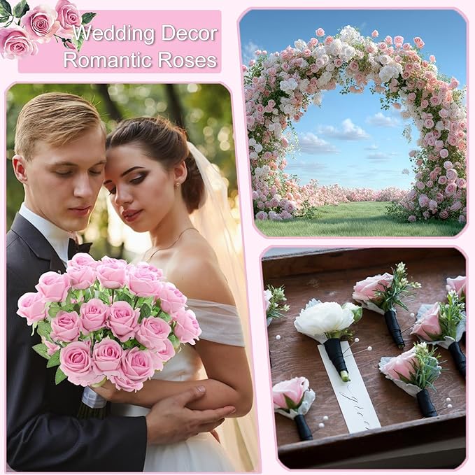 50Pcs Pink Roses Artificial Flowers Fake Roses Faux Velvet Silk Flower for Home Wedding Decoration (Pearl Rose, Gradient Pink)