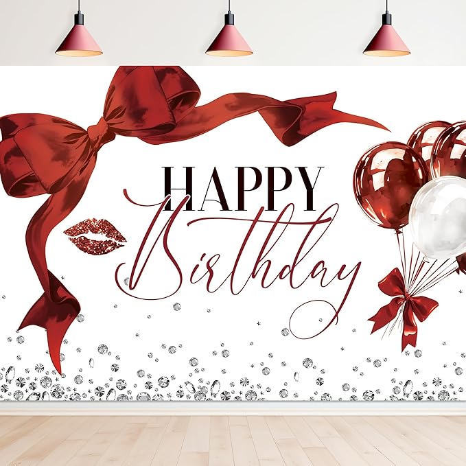Burgundy Bow Happy Birthday Banner Backdrop 7Wx5H Photography Girls Coquette Birthday Decorations Red Balloons Background Women Bachelorette Party Decorations Banner Photo Booth Props Supplies
