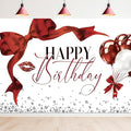 Burgundy Bow Happy Birthday Banner Backdrop 7Wx5H Photography Girls Coquette Birthday Decorations Red Balloons Background Women Bachelorette Party Decorations Banner Photo Booth Props Supplies