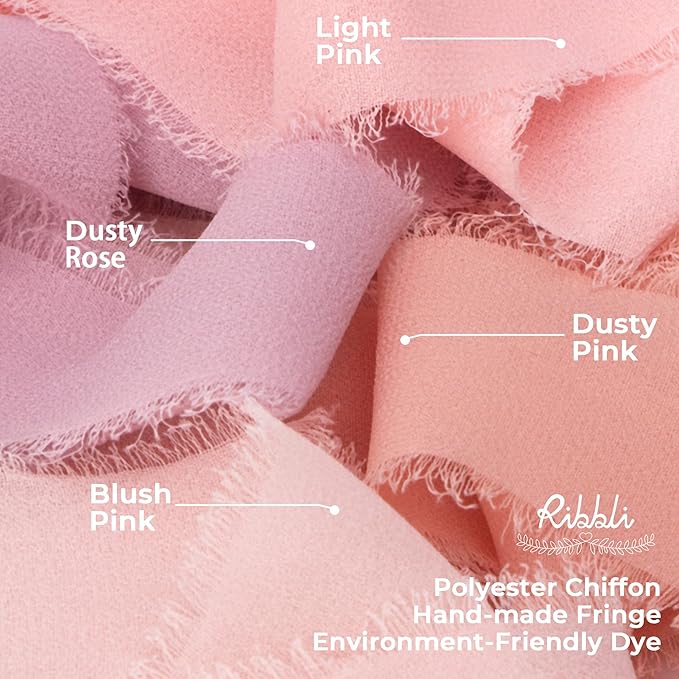 Ribbli Blush Pink Chiffon Ribbon 1-1/2 inch x 20 Yard Handmade Fringe Chiffon Silk Ribbon for Wedding Invitations, Bridal Bouquets Wrapping, Flower Arrangement Decoration